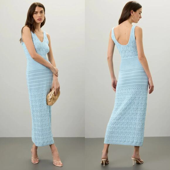 Ronny Kobo Collection Dresses & Skirts - Ronny Kobo Crochet Knit Tank Dress Sleeveless V-Neck Maxi Column Blue Medium